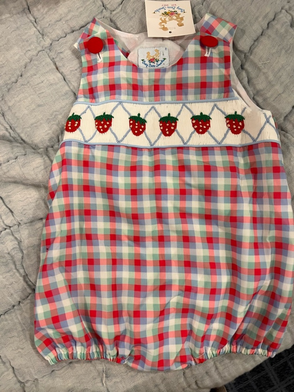 Smocked Strawberry Gingham Bubble One-Piece for Kids - Multicolor
